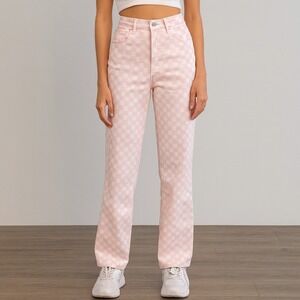 The RAGGED Priest Spectre Jeans Checkerboard Pink‎ White Wide Leg Womens 26
